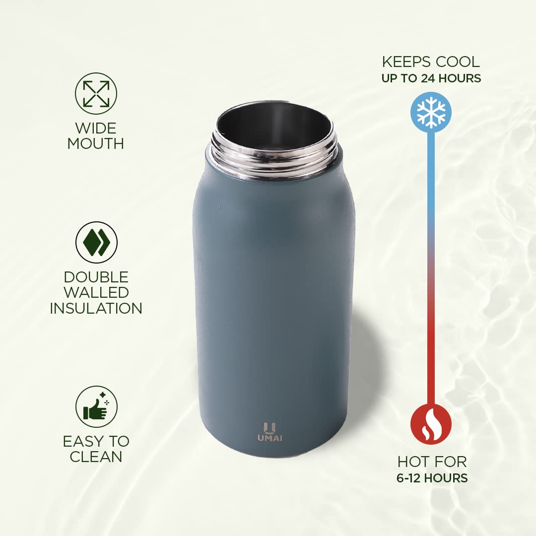 Umai Insulated Stainless Steel Bottle 1 Litre with Sipper Lid-Double Wall Vacuum Thermos|Leakproof|Rustproof|Keeps Drinks Hot/Cold for 6-12 Hours|FlipUp Handle|Easy to Carry (Pack of 2, Blue)