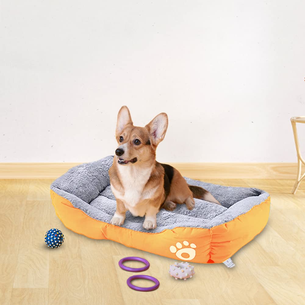 Kuber Industries Dog & Cat Bed|Super Soft Plush Top Pet Bed|Oxford Cloth Polyester Filling|Machine Washable Dog Bed|Rectangular Cat Bed with Rise-Edge Pillow|QY036OR-M|Orange