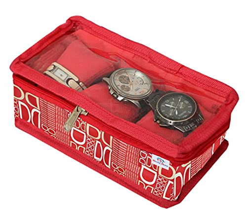 Heart Home D Print 3 Roll Watch Storage Box Display Case Organizer with Tranasparent Window (Red)