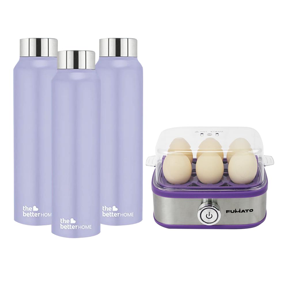 The Better Home FUMATO Eggwhiz Electric Egg Boiler 210W 6 Egg Boiler, Purple & Stainless Steel Water Bottle 1 Litre Pack of 3 Purple