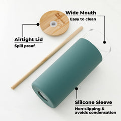 The Better Home Borosilicate Glass Tumbler with Lid and Straw 450ml | Water & Coffee Tumbler with Bamboo Straw & Lid | Leak & Sweat Proof | Durable Travel Coffee Mug with Lid (Teal)