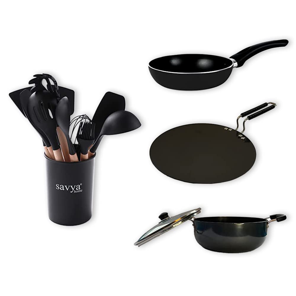 SAVYA HOME¬Æ Hard Anodised Roti Tawa - 25cm, Hard Anodised Deep Kadai 20cm, Non Stick Fry Pan - (22cm) - 2.3m & 12-Piece Silicon Spatula Set Combo | Stove & Induction Cookware |Heat Surround Cooking |