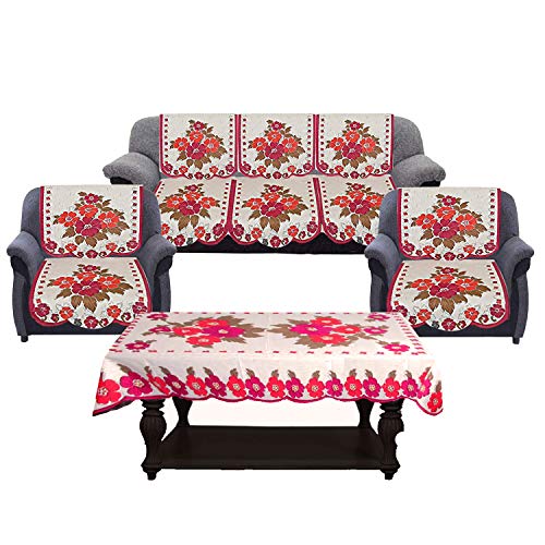 Kuber Industries Flower Cotton 7 Piece 5 Seater Sofa Cover with Center Table Cover (Pink and Cream) - CTKTC022291