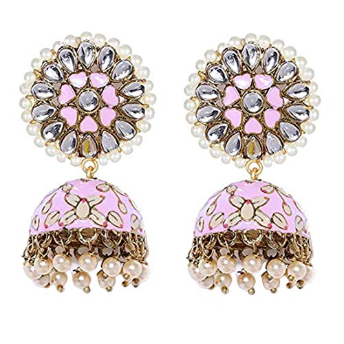 Yellow Chimes Exclusive Meenakari Traditional Gold-plated & Enamel Base Metal and Pearl Jhumki Earrings for Women & Girls Pink