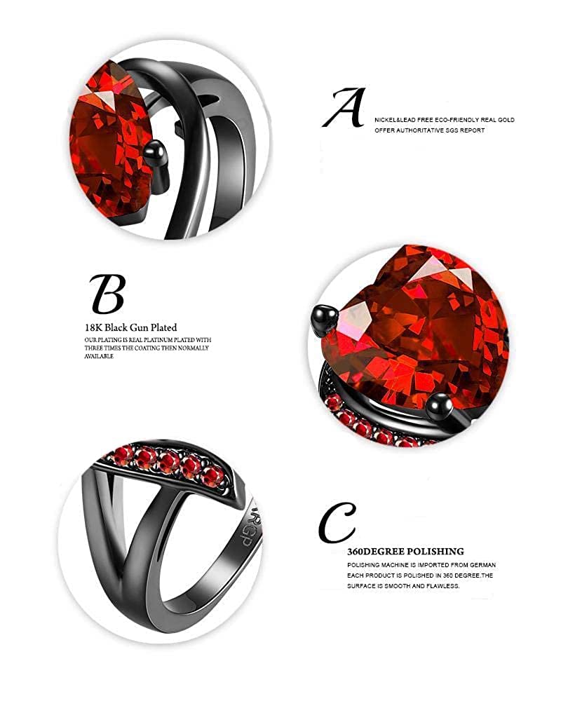 Yellow Chimes Love Red Heart Crystal Black Gun Plated Ring for Women (Red)
