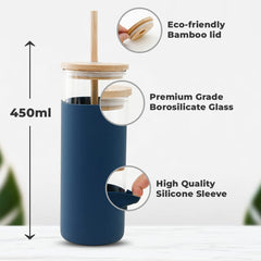 The Better Home Borosilicate Glass Tumbler with Lid and Straw 450ml | Water & Coffee Tumbler with Bamboo Straw & Lid | Leak & Sweat Proof | Durable Travel Coffee Mug with Lid (Navy Blue)