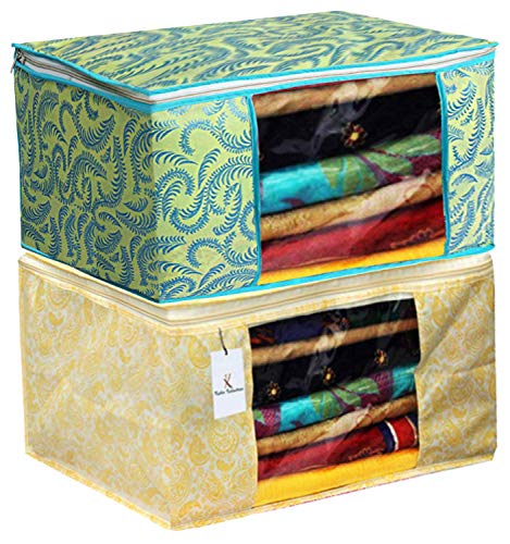 Kuber Industries Non Woven Saree Covers With Zip|Saree Covers For Storage|Saree Packing Covers For Wedding|Pack of 2 (Green & Gold)