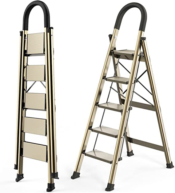 Cheston Foldable GI Steel 4-Steps Home Ladder | 4.8 Feet Anti-Skid Step Ladder with Wide Pedal & Hand Grip | Shock-Resistant Foldable Ladder for Home Use | Supports 150+ Kgs | Black 4 Step