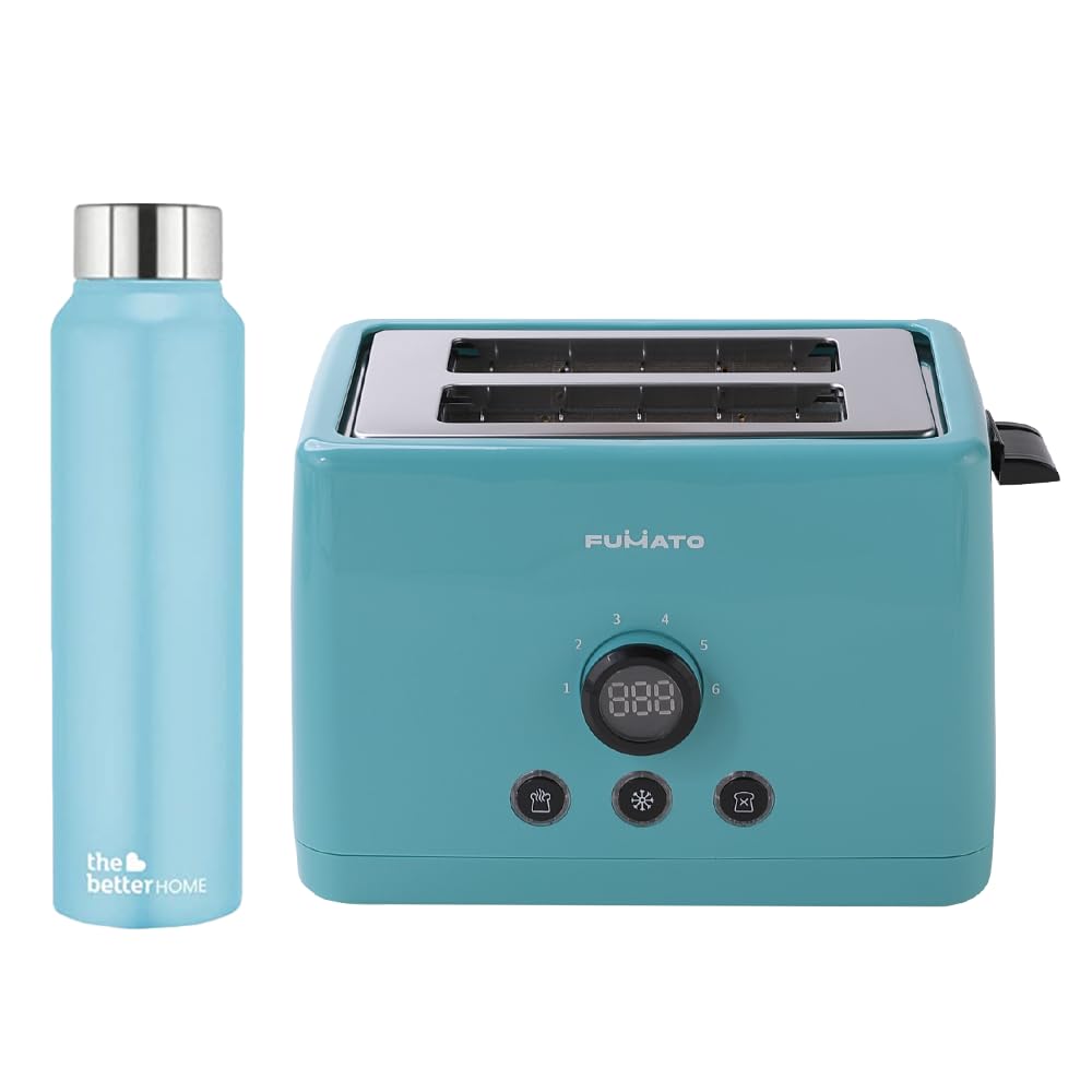 The Better Home FUMATO 1000 Watt 2 Slice Pop-up Toastmate Toaster & Stainless Steel Water Bottle 1 Litre Blue