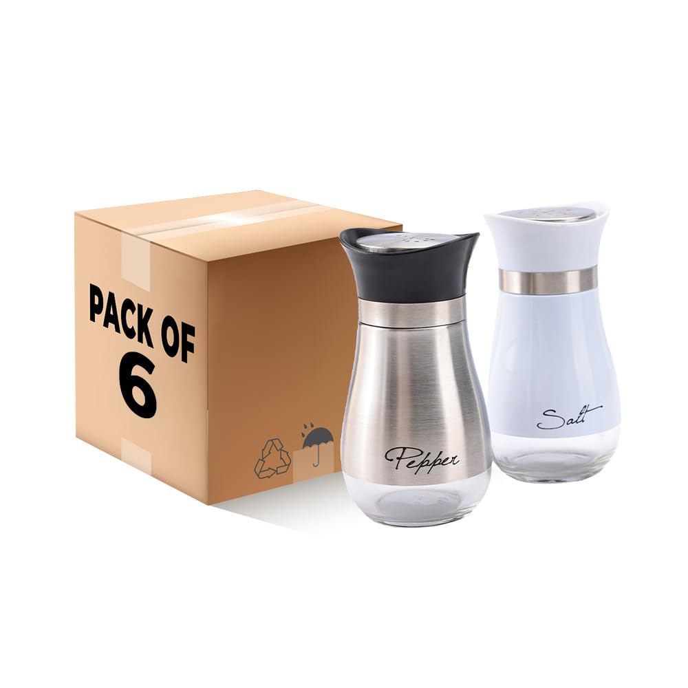 The Better Home Glass Salt & Pepper Shakers Set (Silver/White - Pack of 6) | Moisture-Proof Seasoning Shaker Set | Salt & Pepper Containers | Salt & Pepper Container Set for Dining Table