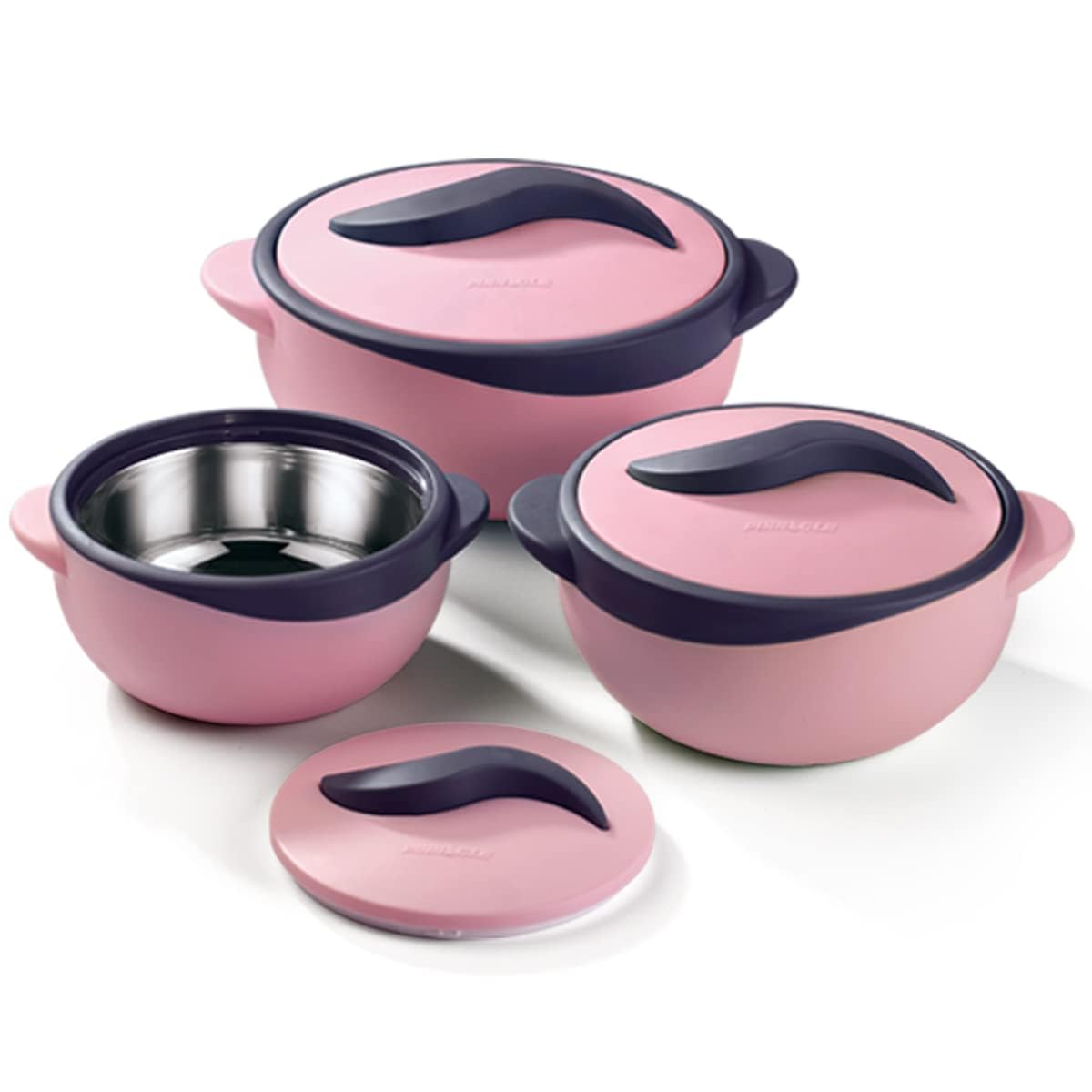 Pinnacle Parisa Inner Stainless Steel Casserole Set of 3 | 500 ml, 1000 ml, 1500 ml | Hot Case | Roti Box | Ideal as Serving Bowl with Lid | Hot Boxes for Kitchen | Blue (New Pink)