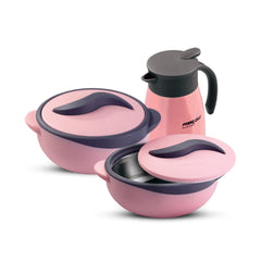 Pinnacle Parisa Vaccum Insulated Carafe & Inner Stainless Steel Casserole Set of 3 | 1000ml, 1500ml | 500ml Carafe | Hot Box | Roti Box | Thermos Flask | Pink