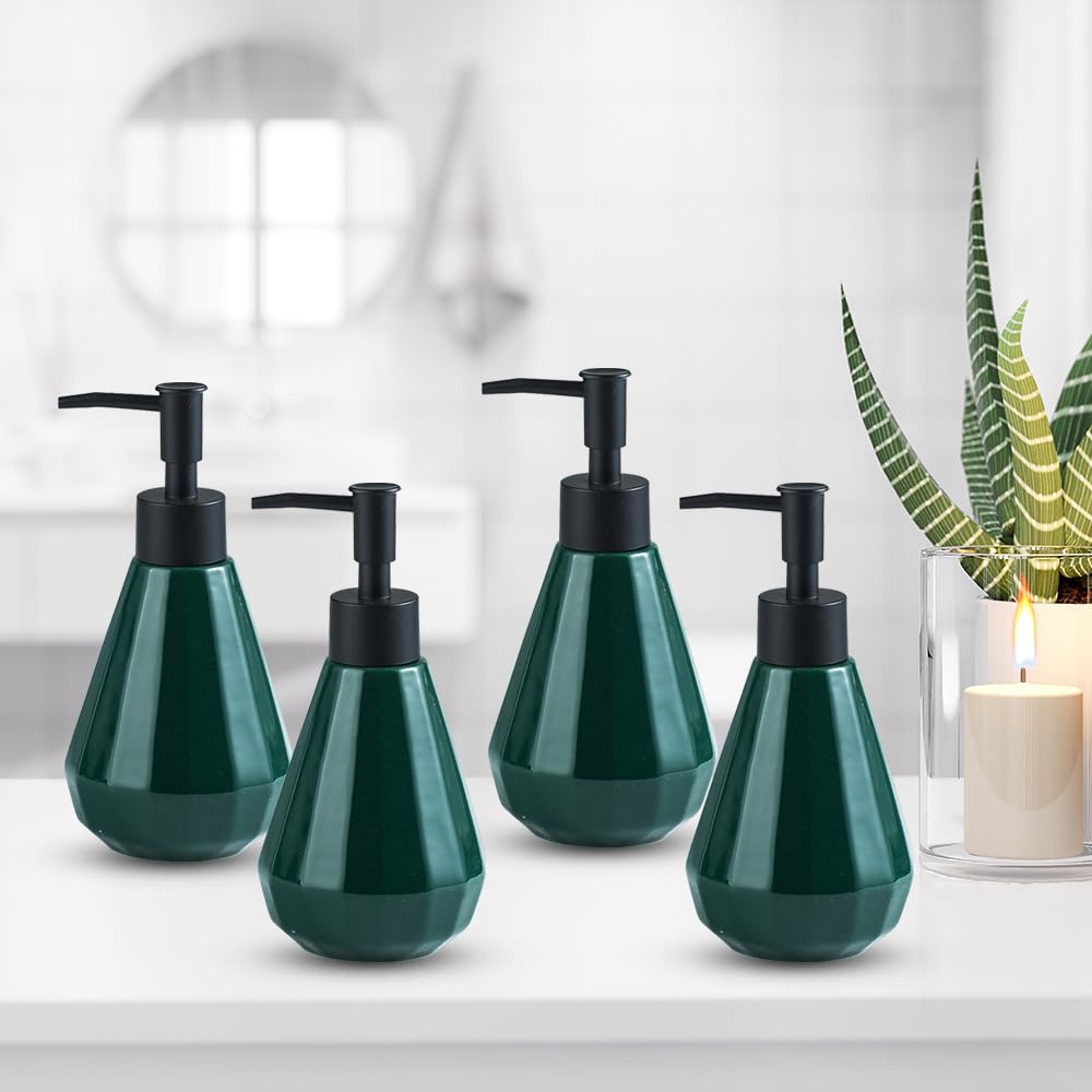 The Better Home 250ml Dispenser Bottle - Green (Set of 4) | Ceramic Liquid Dispenser for Kitchen, Wash-Basin, and Bathroom | Ideal for Shampoo, Hand Wash, Sanitizer, Lotion, and More