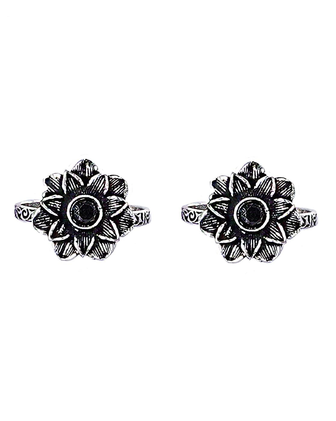TEEJH Kayra Black Stone Silver Oxidised Toe Rings for Women
