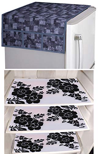 Kuber Industries Flower Design 3 Pieces PVC Fridge Mats and 3D Checkered Design 1 Piece Fridge Top Cover (Grey) - CTKTC039729