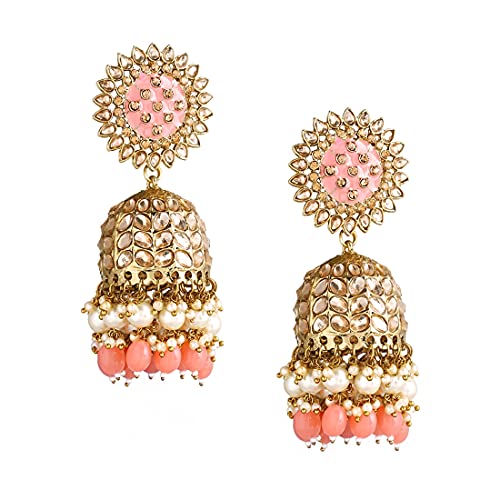 Yellow Chimes Ethnic Gold Plated Traditional Kundan Studded Peach Meenakari Touch Pearl moti Jhumka Earrings for Women and Girls, Gold, Peach, Medium (Model: YCTJER-88JHKLG-PCH)