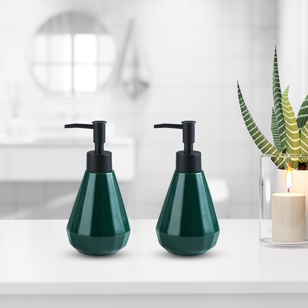 The Better Home 250ml Dispenser Bottle - Green (Set of 2) | Ceramic Liquid Dispenser for Kitchen, Wash-Basin, and Bathroom | Ideal for Shampoo, Hand Wash, Sanitizer, Lotion, and More