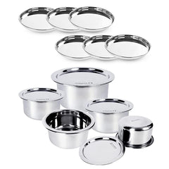 Kuber Industries Stainless Steel Dinner Plates and Tope/Patila/Cookware with Lids | Gas Stove and Induction Friendly | 5 Pcs Tope Set (800ml, 1L, 1.4L, 1.9L, and 2.4L) and Dinner Plates Set of 6 (diameter-29cm) | Induction Friendly | Rust Proof, Easy to