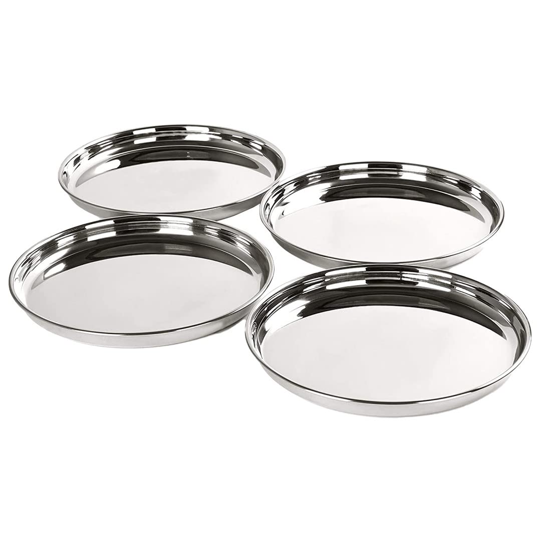 SAVYA HOME 4 Pcs Big Plate Set for Dhanteras & Diwali Gifting | Stainless Steel Dining Plate Set | Stainless Steel,Deep Base Glossy Finish,Durable,Stackable |Steel Plates for Lunch, Breakfast, Dinner