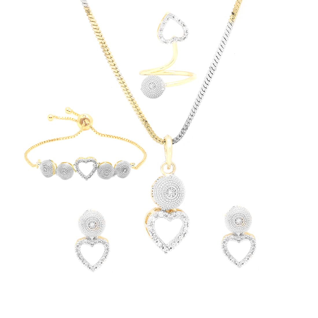 Yellow Chimes AD/American Diamond Set Crystal White Gold Plated Heart Pendant Set with Bracelet & Ring Jewellery Set for Women & Girls