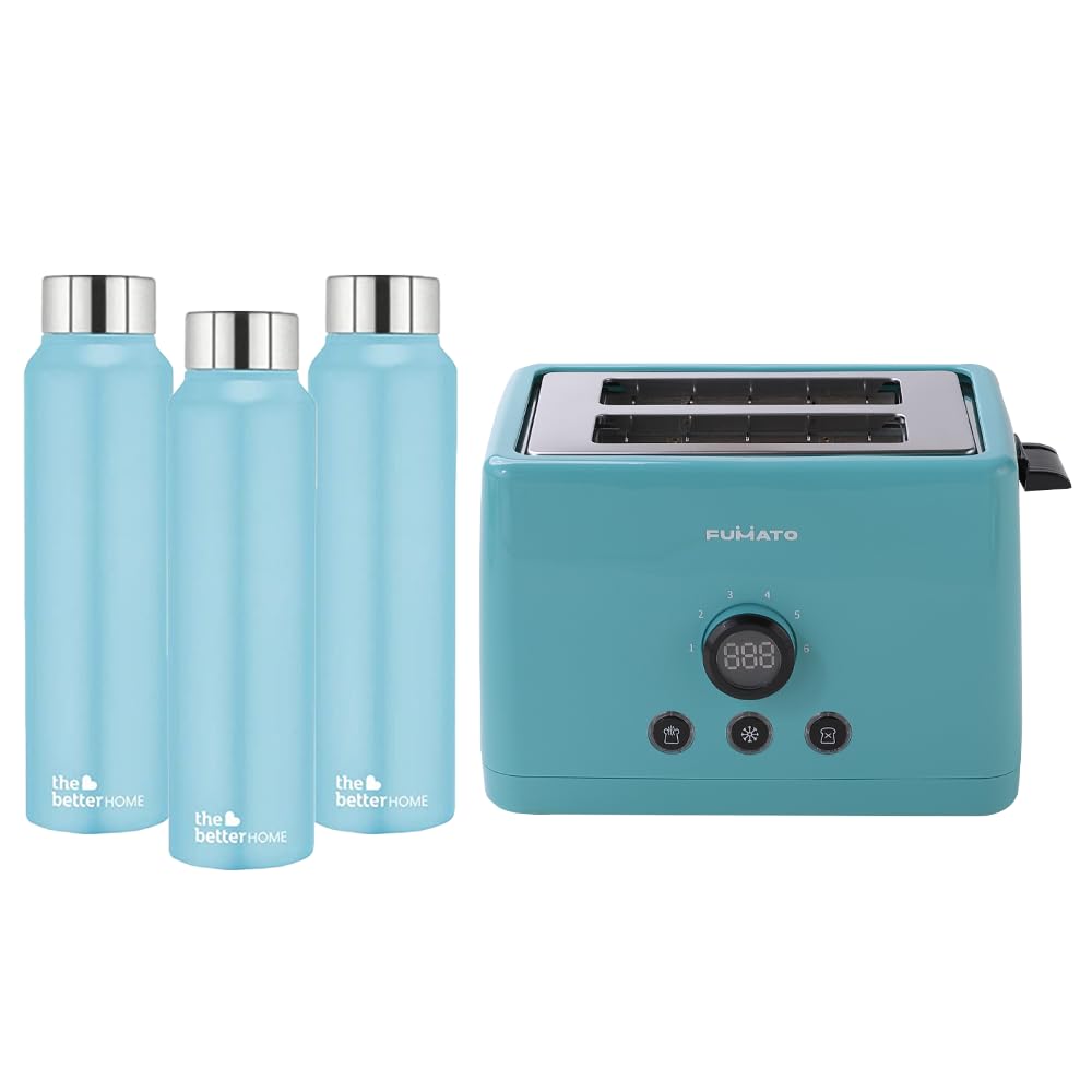 The Better Home FUMATO 1000 Watt 2 Slice Pop-up Toastmate Toaster & Stainless Steel Water Bottle 1 Litre Pack of 3Blue