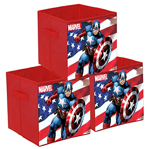 Kuber Industries Marvel Captain America Print Durable & Collapsible Square Storage Box|Clothes Organizer With Handle,Pack of 3 (Red)