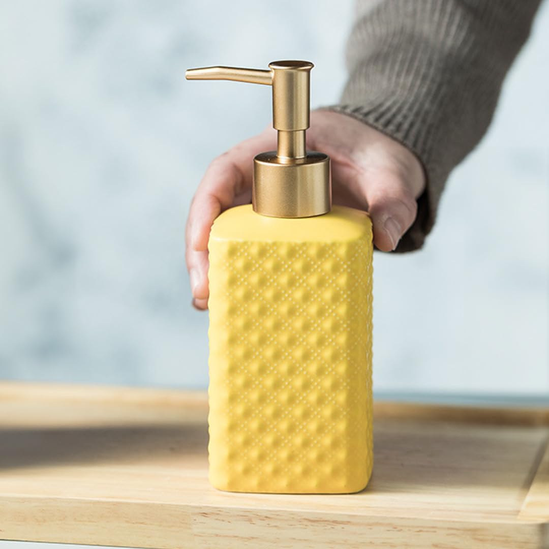 UMAI Liquid Soap Dispenser | Stoneware | Bathroom Sanitizer, Lotion, Shampoo Dispenser | Ceramic Handwash Bottle for Kitchen | Soap Dispenser for Wash Basin | Bathroom Accessories | 350 ml (Yellow)