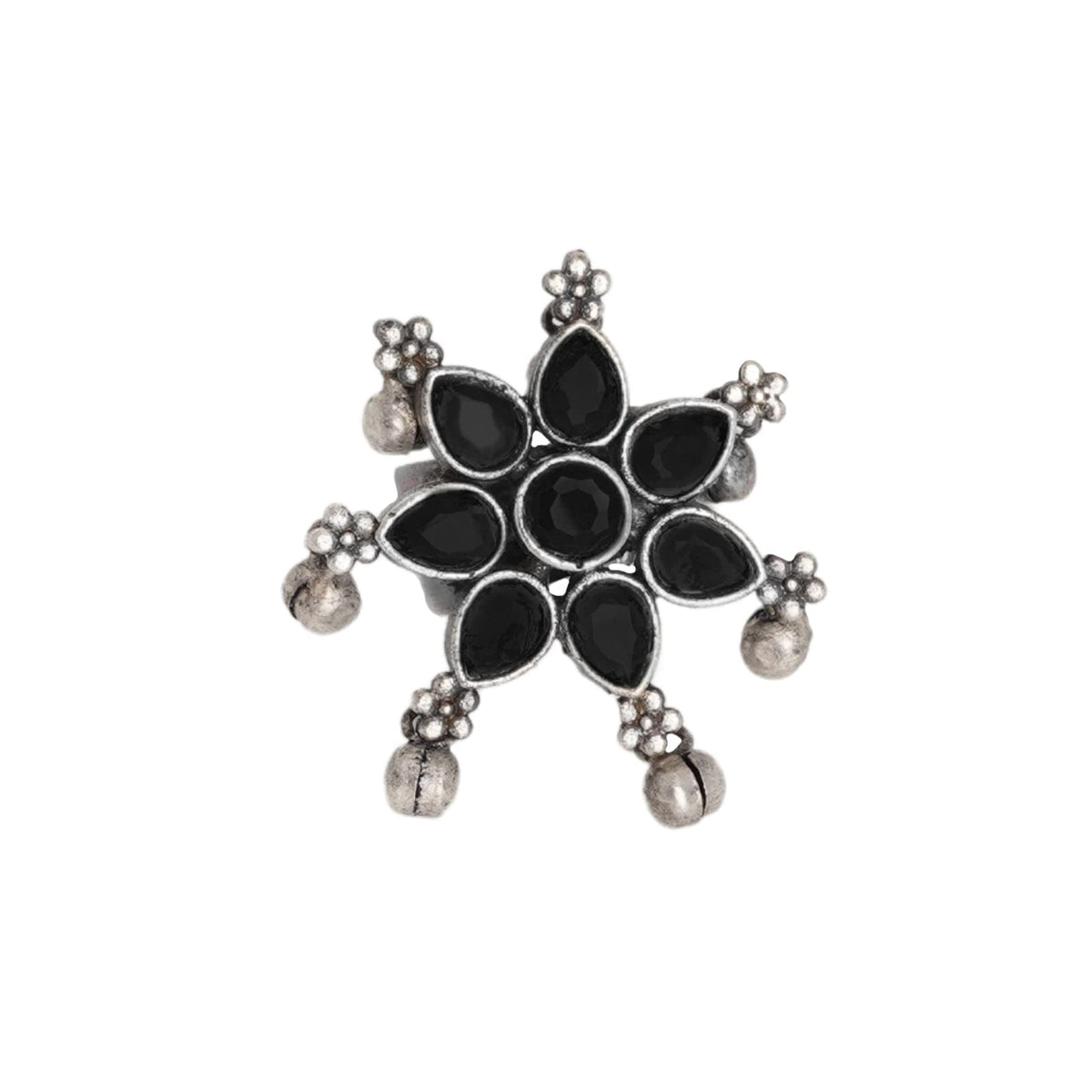 TEEJH Raishala Black Stone Silver Oxidised Ring