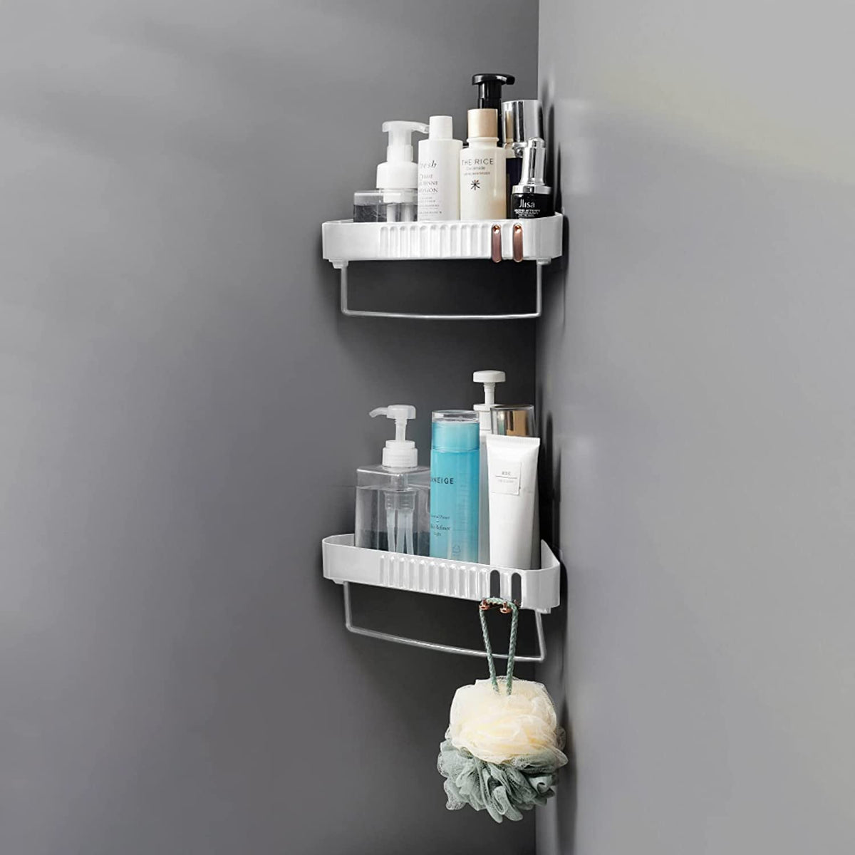 Primax Bathroom Accessories-Bathroom Corner/Shelf/Self-Adhesive Wall-Mount Shelf with Towel Hanger/Bathroom Organizer - White (Pack of 2)
