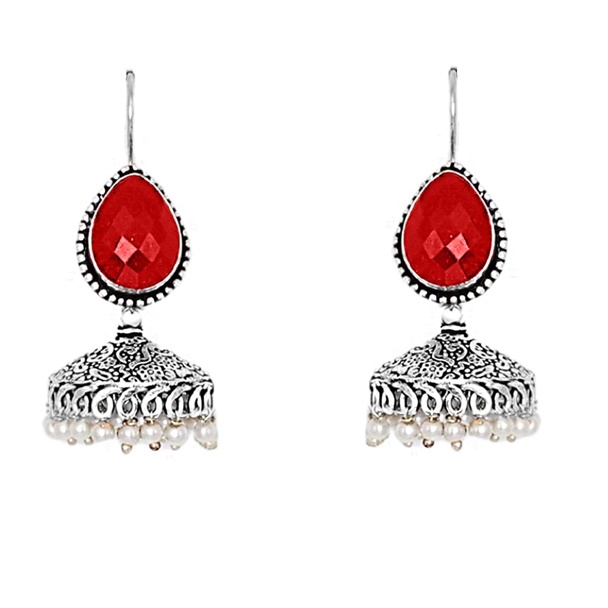 Teejh Sahasra Red Stone Silver Oxidised Earrings For Women