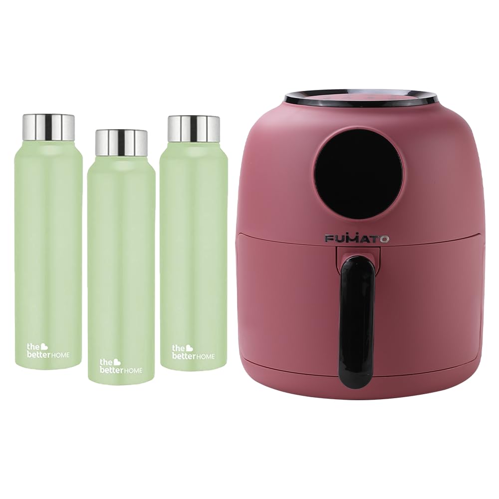 The Better Home FUMATO Aerochef Air fryer With Digital Touchscreen Panel 4.5L Pink & Stainless Steel Water Bottle 1 Litre Pack of 3Green