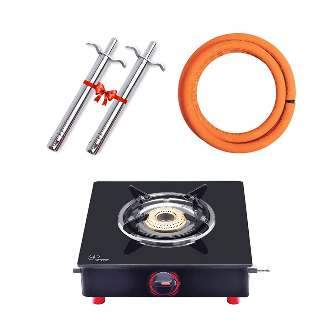 Surya Flame Smart Gas Stove 1 Burner Glass Top PNG Stove | LPG Gas Dual Layer Rubber Hose Pipe 1.5M | Chrome Stainless Steel Gas Lighter (Pack of 2)