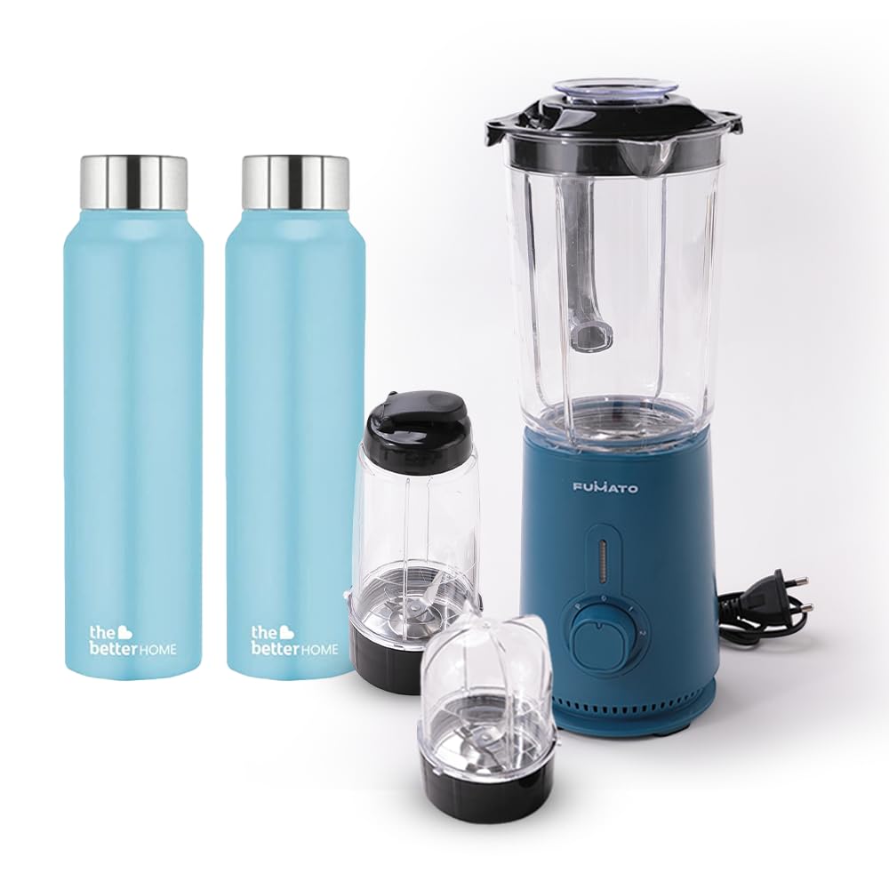 The Better Home FUMATO Quikblend Portable Nutri Blender 400W Blue & Stainless Steel Water Bottle 1 Litre Pack of 2 Blue