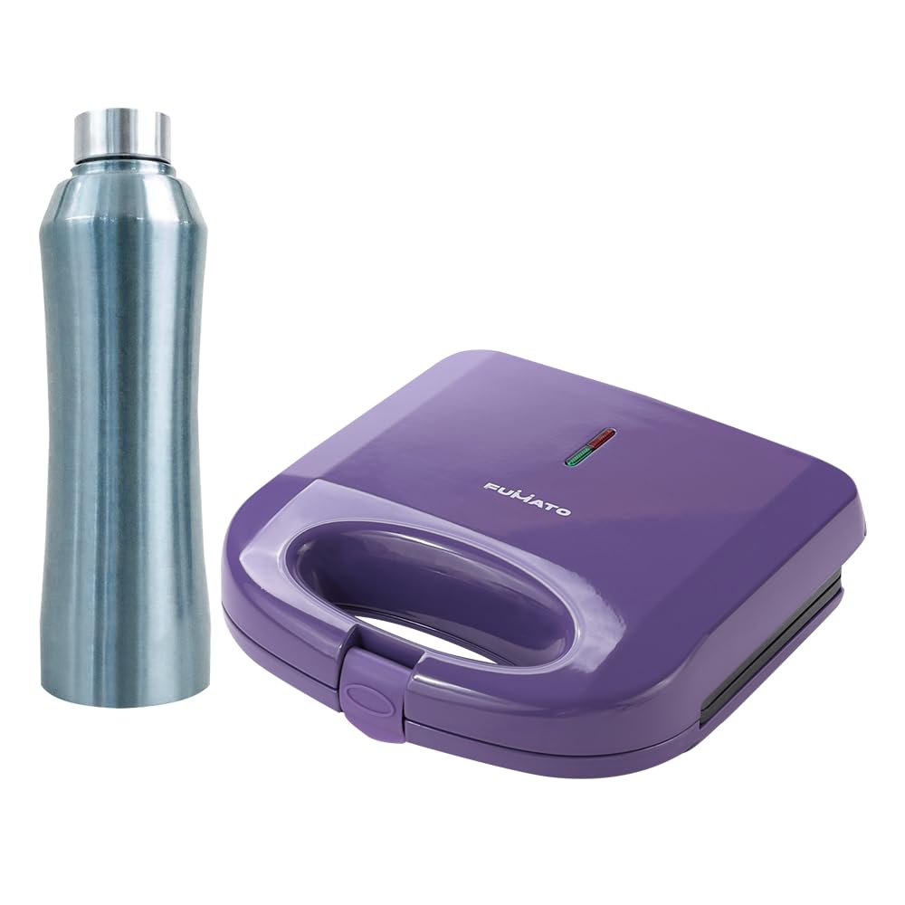 The Better Home FUMATO Presswich 750W Sandwich Maker, 2 Slice Grill, Purple & Stainless Steel Water Bottle 1 Litre Blue