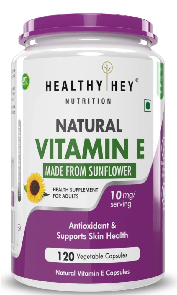 HealthyHey Nutrition Vitamin E Capsules | Vitamin E for Skin & Hair | Sunflower - D-Alpha-Tocpherol -120 Veg Capsules