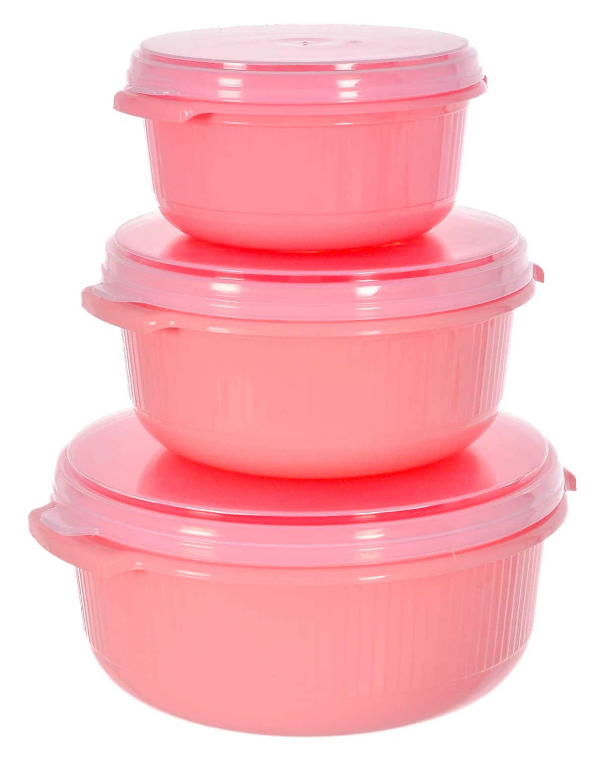 Kuber Industries Food Grade, Microwave & Freezer Safe Plastic Bowls, Food Storage Container Set with Lid, Set of 3 (3200ml, 1800ml, 1000ml) (Pink)-46KKM0144