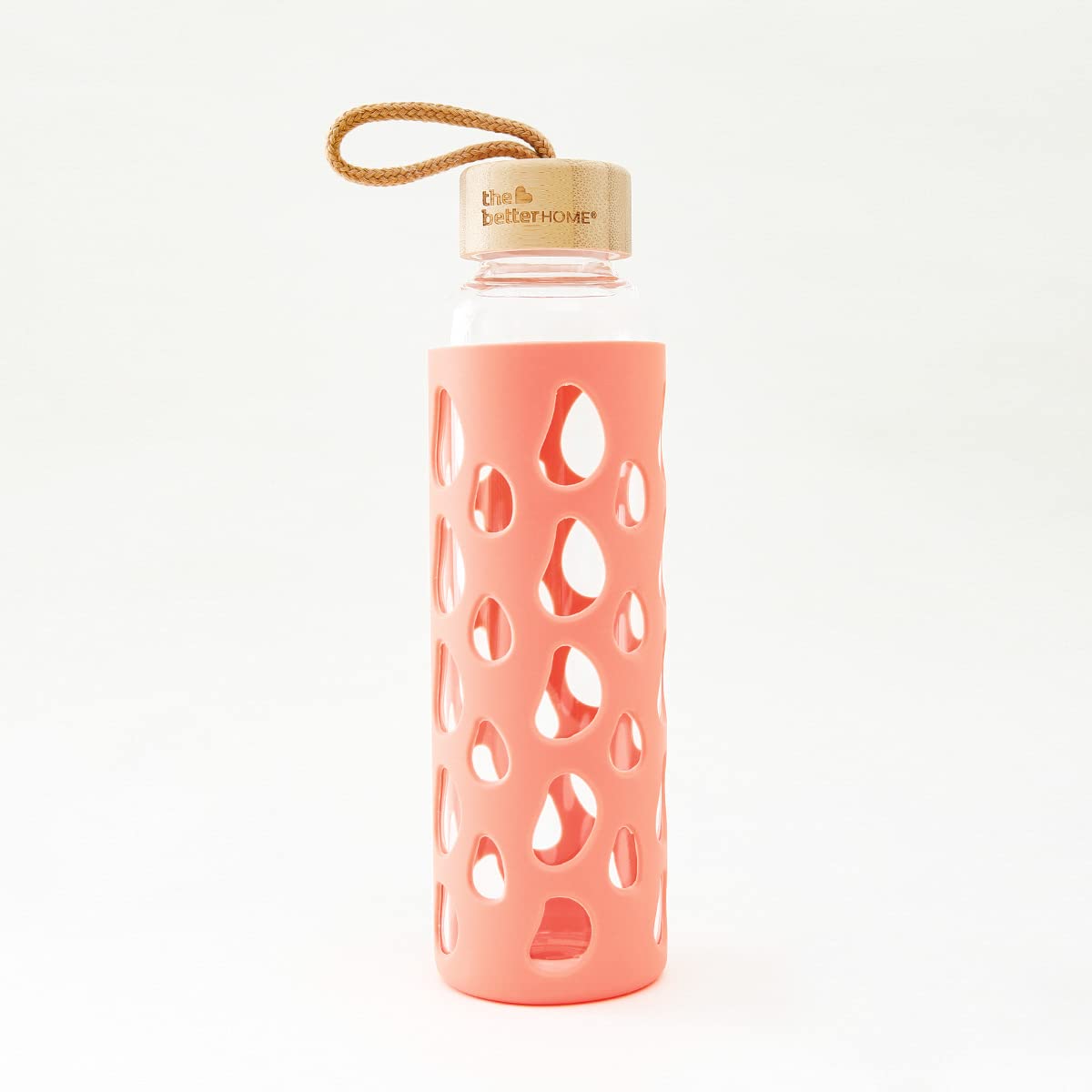 The Better Home Borosilicate Glass Water Bottle with Sleeve 550ml | Non Slip Silicon Sleeve & Bamboo Lid | Water Bottles for Fridge | Coral (Pack of 50)