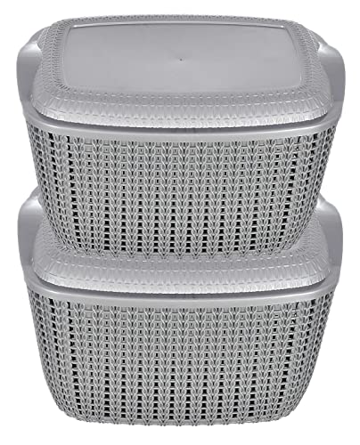 Heart Home Multipurposes Small M 25 Plastic Basket, Organizer For Kitchen, Countertops, Cabinets, Bathroom With Lids- Pack of 2 (Grey) -46HH030