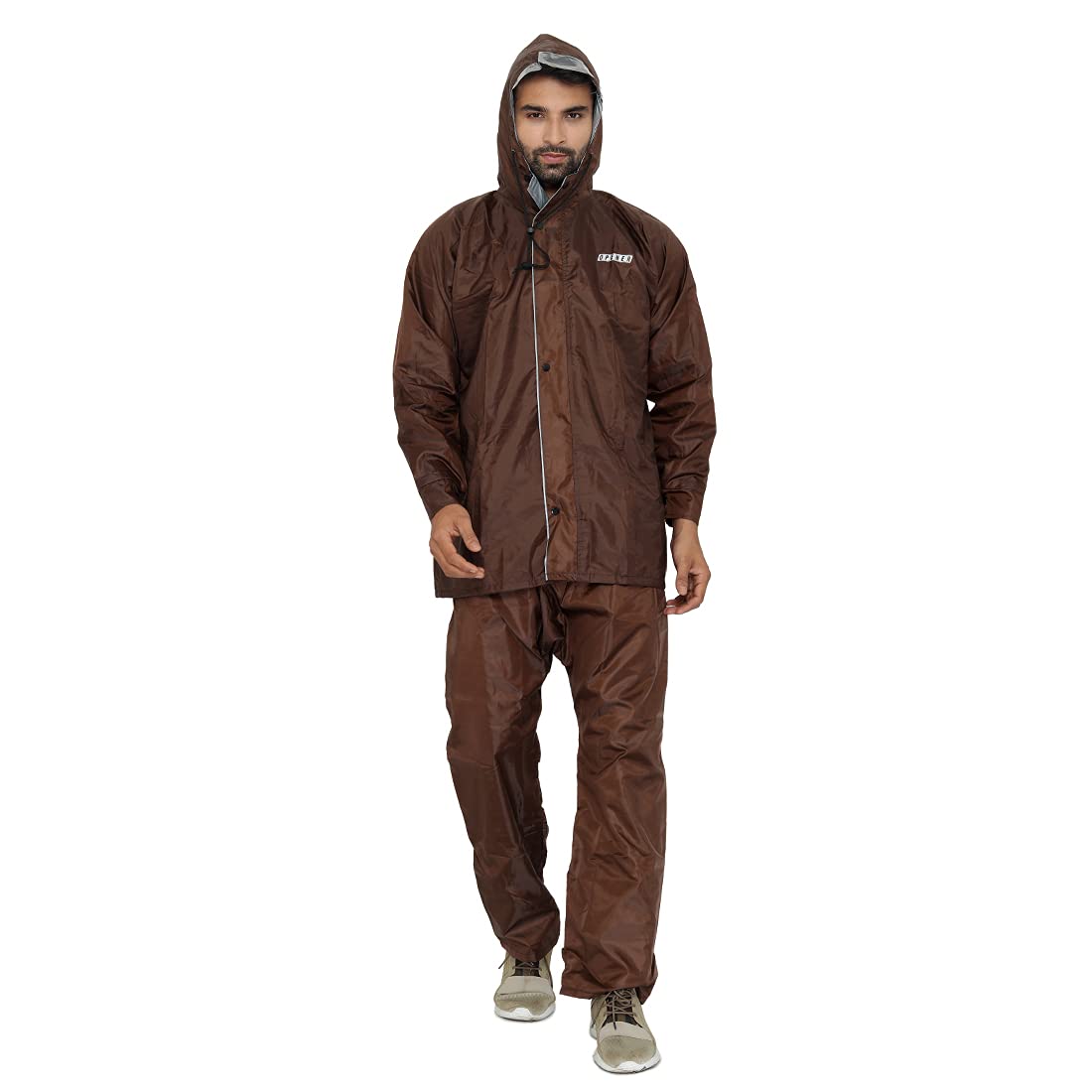 THE CLOWNFISH Opener Series Men's Polyester Double Layer Waterproof Raincoat with Hood and Reflector Logo at Back for Night Travelling. Set of Top and Bottom Packed in a Storage Bag (Brown, X-Large)