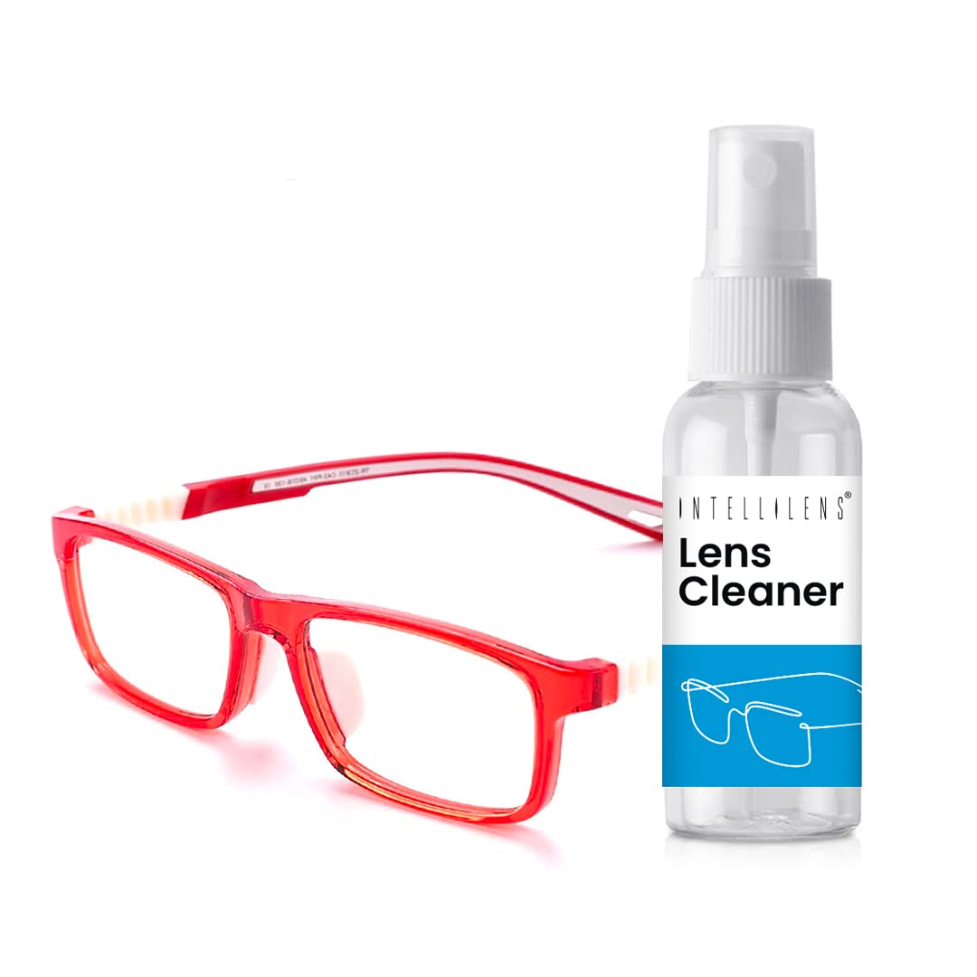 Intellilens Square Kids Computer Glasses for Eye Protection with Lens Cleaner Solution for Spectacles | Zero Power, Anti Glare & Blue Light Filter Glasses | (Red) (49-16-130)