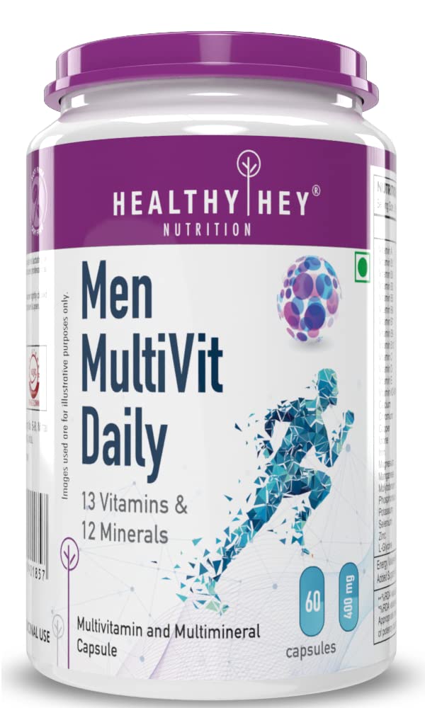 HealthyHey Nutrition MultiVitamin for Men - Multi-Vit Daily - 13 Vitamins & 10 Minerals - Vegan - 60 Vegetable Capsules