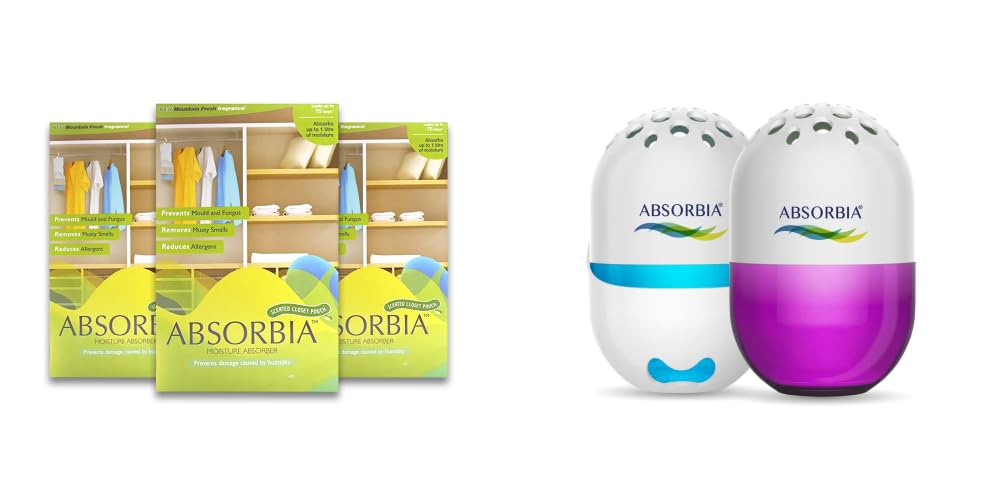 Absorbia Moisture Absorber Hanging Pouch with Mountain Fresh Fragrance - Pack of 3(Absorbs 800ml each) and Absorbia Golf Gel Air Freshener - Pack of 2 (100g X 2 pcs)|Water based, Low VOC & pDCB free