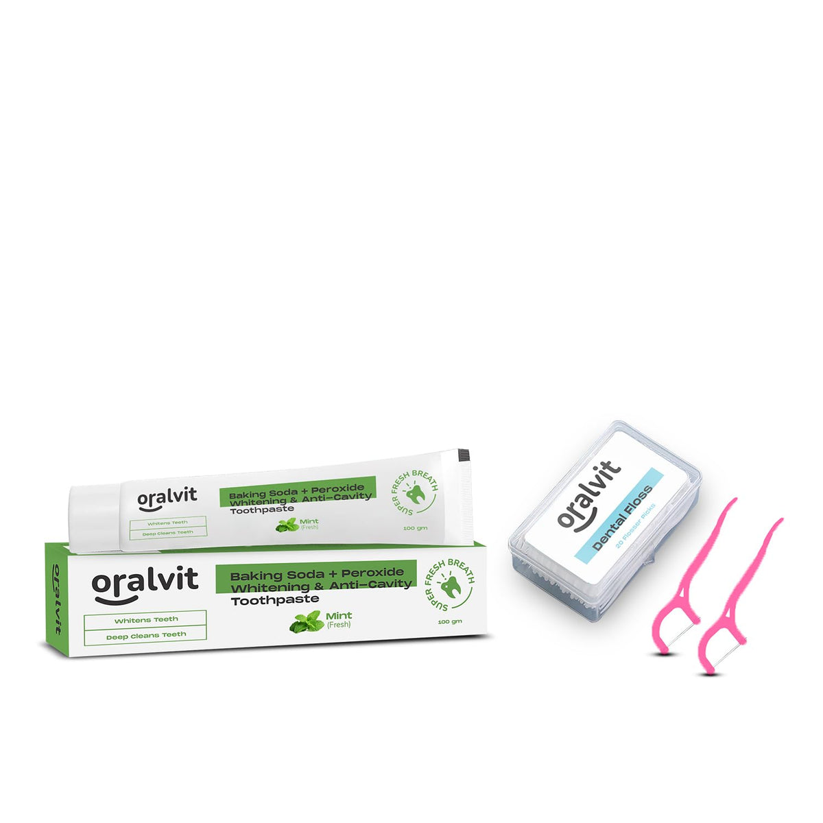 Oralvit Baking Soda Toothpaste & Dental Floss Combo, Enamel Safe, For Long Lasting Freshness Teeth Whitening Kit (100g, 20pcs)