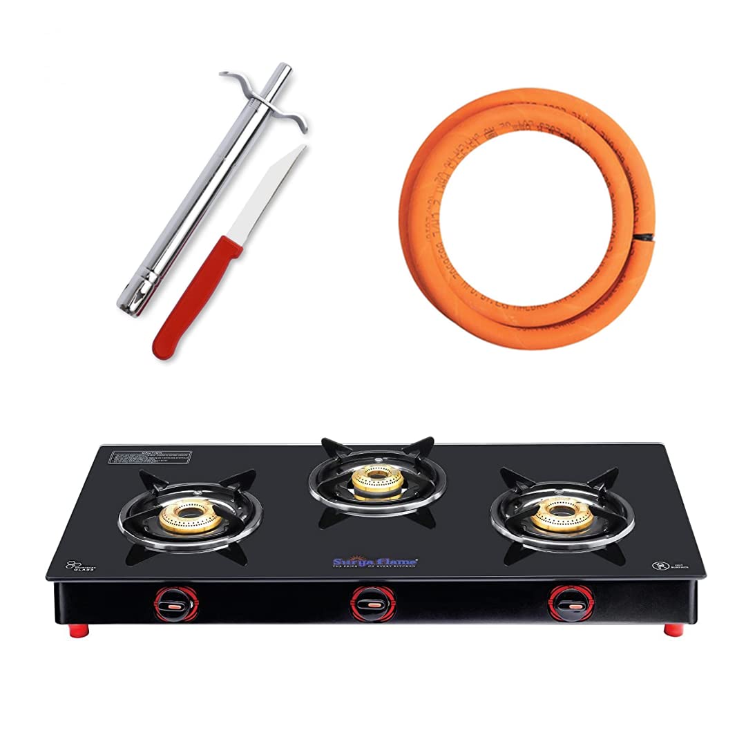 Surya Flame Smart Gas Stove 3 Burners Glass Top LPG Stove | LPG Gas Dual Layer Rubber Hose Pipe 1.5M | Premier Stainless Steel Gas Lighter with Knife