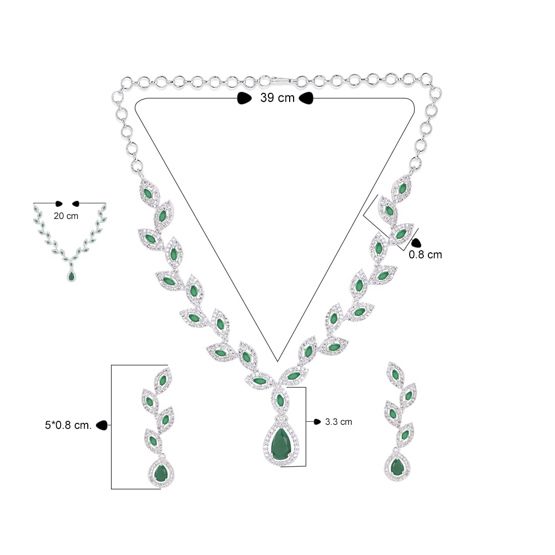 Yellow Chimes Classic Style AD/American Diamond Studded White Rhodium Plated Green Leaf Design Necklace Set Jewellery Set for Women and Girls