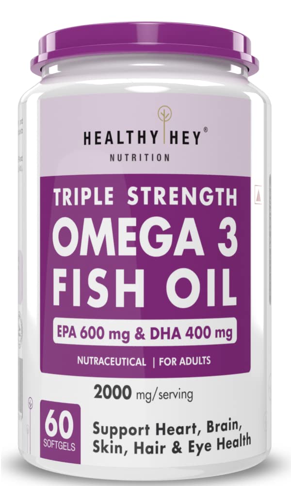 HealthyHey Nutrition Omega 3 Fish Oil | Omega 3 Fish Oil Capsules For Women and Men | Triple Strength Fish Oil | Burpless, EPA 600 - DHA 400 Supplement, 60 Softgel Capsules