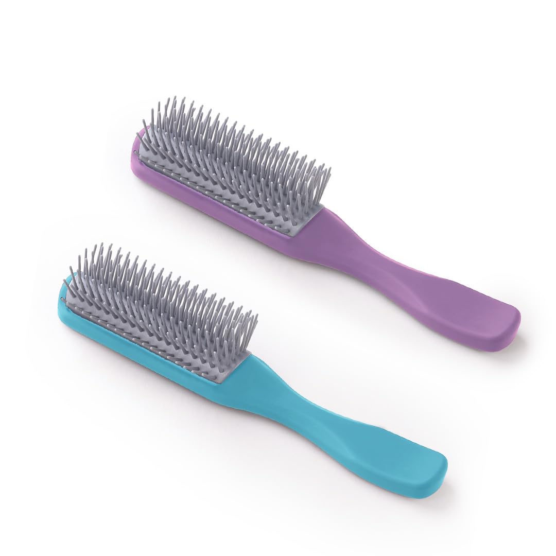 UMAI Flat Hair Brush with Strong & Flexible Bristles | 9-Row Curl Defining Brush for Thick Curly & Wavy Hair | Large Fan-type Head | Hair Styling Brush for Women & Men (Blue-Purple, Pack of 2)