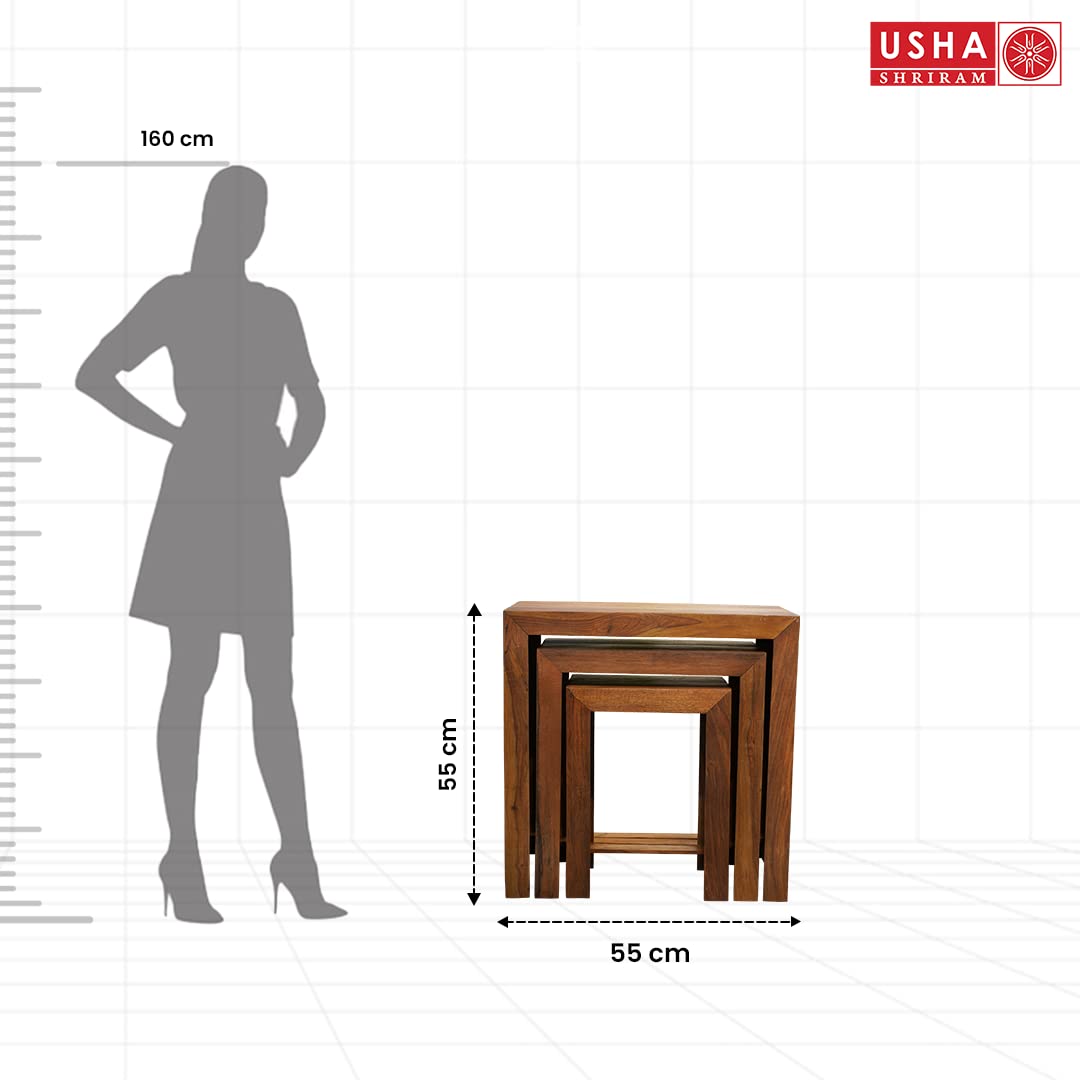USHA SHRIRAM Wooden Stool for Living Room (Honey Finish) |Side Table for Bedroom | |Nesting Tables (Set of 3) | Handicraft Items for Home Decor |Furniture for Living Room |Space Saving Wood Furniture