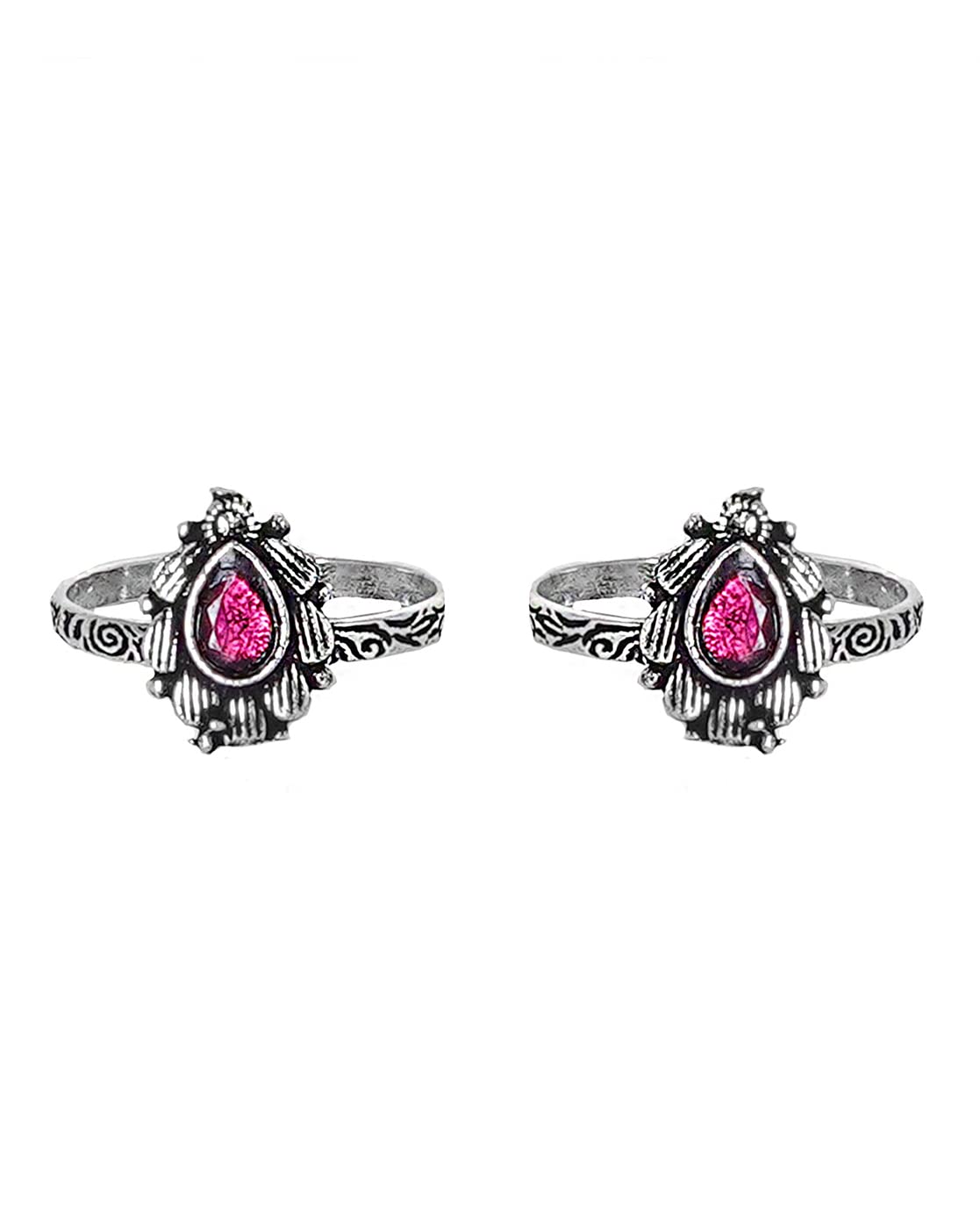 TEEJH Pravya Pink Stone Silver Oxidised Toe Rings for Women