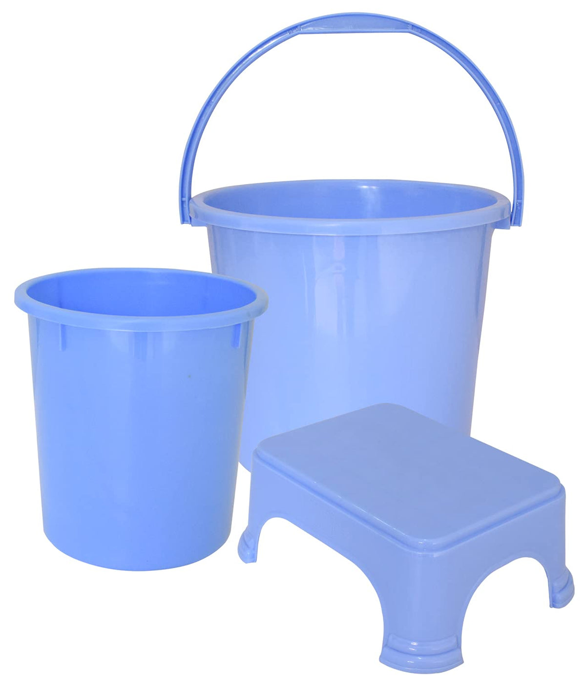 Kuber Industries 3 Pieces Plastic Bucket, Dustbin & Stool Set (Blue)